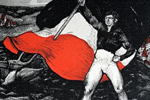 Jugendstil Prints: Patriotic figure, man waving the black-white-red flag of the German Empire
