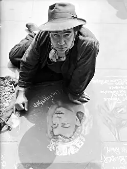 Prints of Pavement artist Joseph Lee in Knightsbridge, London, at work on a portrait of Queen Elizabeth II in time for her Coronation Queen Elizabeth II Prints: Pavement Artist