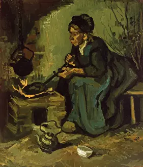 Dutch Prints: Peasant Woman Cooking By A Fireplace