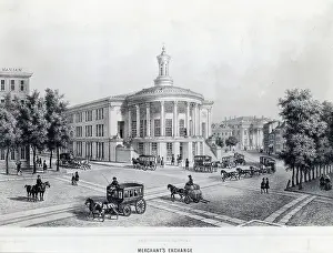 Pedestrian and Buggy Travelers on the Merchant's Exchange in Early Philadelphia