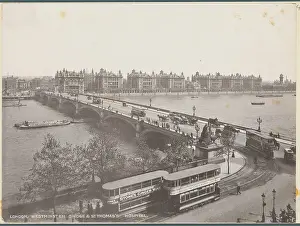Streetcar Prints: Pedestrians Alongside Wagons with Buses and Railway Crossing River