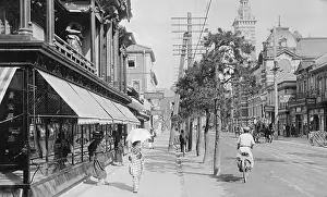 Yokohama Prints: Pedestrians Riding and Walking on Street of Yokohama