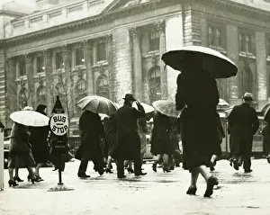 Pedestrians Prints: Pedestrians walking in rain in New York City, (B&W)
