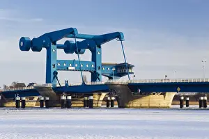 Peenebruecke lift bridge in winter, Wolgast, Usedom island, Meckelnburg Western Pomerania, Germany, Europe