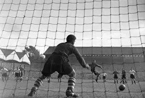 Prints of 24th September 1949: Wolverhampton Wanderers winger, Johnny Hancocks, scores from the penalty spot, leaving Middlesbrough's, (Italian born Scottish) goalkeeper Rolando Ugolini, with no chance A Photographic Legacy: Penalty Kick