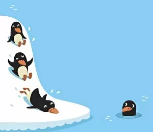 Three penguins sliding down snowy slope into water, one penguin wading in water