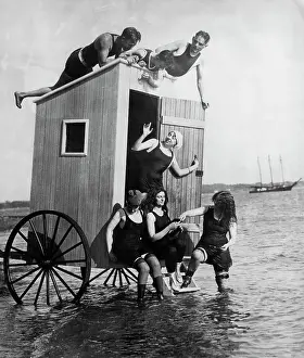 Resort Prints: People Cavorting Around a Bathing Wagon