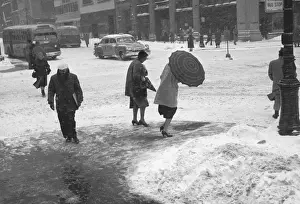 City Living Prints: People on city street in winter, (B&W)
