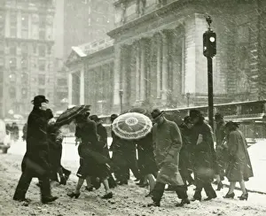 Blizzard Prints: People in city, walking in blizzard, (B&W)