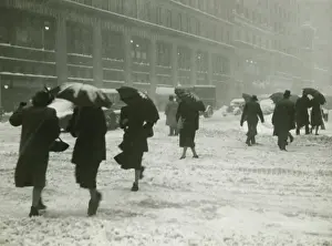 Blizzard Prints: People in city, walking in blizzard, (B&W)