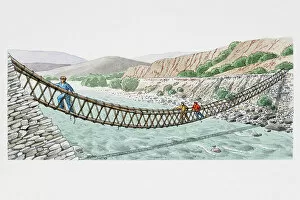 Dorling Kindersley Prints Gallery: Three people crossing swaying rope bridge over wide river, side view