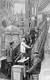 Escalator Prints: People On Escalator; Engraving