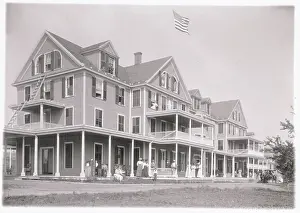 Lodgings Prints: People on Exterior of Catskills Hotel with American Flag on Roof