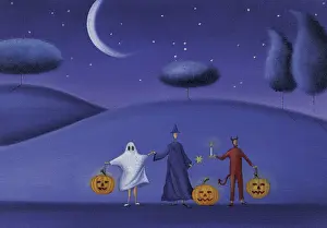 Halloween Prints: Three People Holding Hands Dresed in Halloween Costumes and Holding Pumpkins