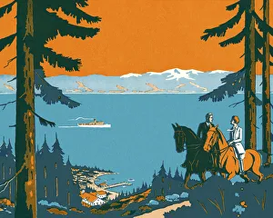 Leisure Collection: Two People on Horseback Overlooking a Lake
