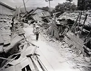Earthquake Prints: People In Streets With Destroyed Bldgs