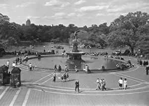 People walking around Bethesda Fountain in Central Park, New York USA, (B&W), elevated view