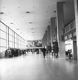 Lobby Prints: People in wide lobby, (B&W)