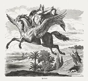 Images Dated 27th May 2016: Perseus on Pegasus, Greek Mythology, wood engraving, published in 1880