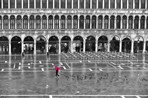 Images Dated 27th February 2016: One person with a red umbrella crossing the St Marks Square by a rainy day in winter in Venice