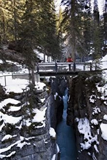 Images Dated 2nd April 2008: Person standing on a bridge, Maligne Canyon, Jasper National Park, Alberta, Canada
