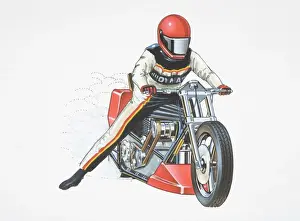 Bicycle Prints: Person wearing a helmet and riding outfit speeding ahead on motorcycle, front view