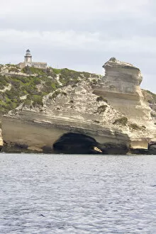 Images Dated 1st August 2015: Pertusato lighthouse on limestone cliff, Bonifacio, Corsica, France