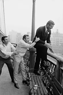 Peter Falk, Jack Lemmon, Mayor Lindsay on Manhattan Bridge