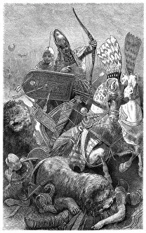 Images Dated 14th May 2018: Pharaoh Rameses II ( Sesostris ) fighting in the battle of Kadesch illustration
