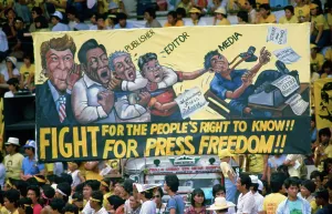 Manila Prints: Philippine Citizens Rallying with Banner for Benigno Aquino