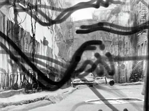 Prints of NEW YORK - 1960: A distorted and photo montage (created in the darkroom by layering negatives together) of buildings and cars, in 1960 in New York City, New York Portraits, Artworks, and Montages from a Visionary Photographer: Photo Montage of Buildings and Cars in NYC in 1960
