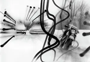 Prints of NEW YORK - 1960: An artistic photo montage (created in the darkroom by layering negatives together) of a man on a motorcycle outrunning speeding cars in the snow, in 1960 in New York City, New York Portraits, Artworks, and Montages from a Visionary Photographer: Photo Montage of Motorcyclist Outrunning Speeding Cars in 1960's