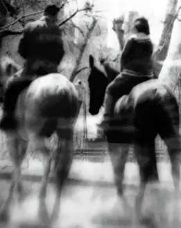 Prints of NEW YORK - 1957: An artistic photo montage (created in the darkroom by layering negatives together) of two people on horseback in Central Park, in 1957 in New York City, New York Portraits, Artworks, and Montages from a Visionary Photographer: Photo Montage of Two People on Horseback in Central Park in the 1950's