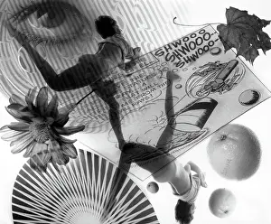 Prints of NEW YORK - 1960: An artistic photo montage (created in the darkroom by layering negatives together) of a semi-clothed woman, an eye, a flower, oranges Portraits, Artworks, and Montages from a Visionary Photographer: Photo Montage of Semi-clothed Woman and Superman Cartoon in 1960