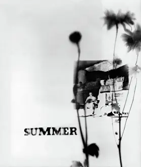 Prints of NEW YORK - 1960: An artistic photo montage (created in the darkroom by layering negatives together) of flowers, a hot dog vendor, an ocean liner in New York Harbor, and the word Summer Portraits, Artworks, and Montages from a Visionary Photographer: Photo Montage of Summer in NYC in 1960