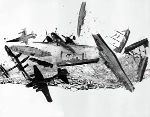 Photo Montage of Toy Boats and Airplanes Crashing in Water in 1960's