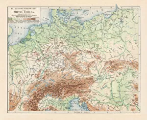 Images Dated 5th April 2018: Physical map of Central Europe, lithograph, published in 1897