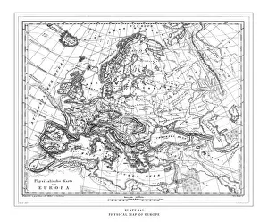 Physical Map of Europe Engraving Antique Illustration, Published 1851