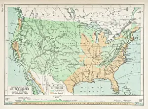 Thermal Prints: Physical map of the United States showing surface and isothermal lines 1892