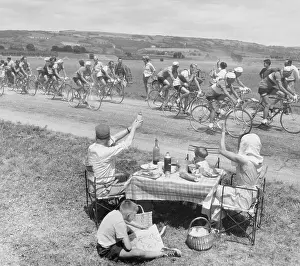 Bicycling Prints: Picnicking Family Greets Tour de France