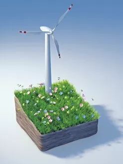 Images Dated 4th April 2013: Piece of land with a wind turbine and a flowering meadow, illustration