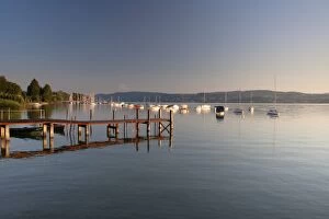 Mirrored Gallery: Pier with buoys in Dingelsdorf on Lake Constance, Baden-Wuerttemberg, Germany, Europe