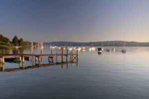 Reflected Gallery: Pier with buoys in Dingelsdorf on Lake Constance, Baden-Wuerttemberg, Germany, Europe