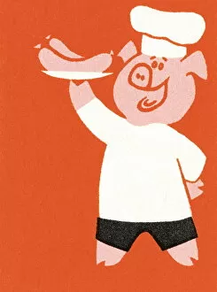Pig chef serving sausages