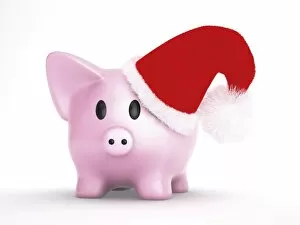 Images Dated 8th November 2012: Piggy bank wearing a santa hat, 3D illustration