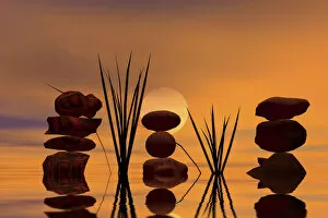 Mirrored Gallery: Three piles of stones at sunset, 3D graphics
