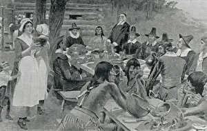 Gratitude Prints: Pilgrims and Indians at First Thanksgiving Dinner