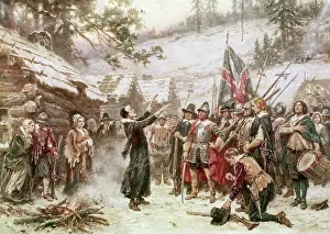 Log Cabin Prints: The Pilgrims at Plymouth: The First Sermon Ashore, 1621 by Jean Leon Gerome Ferris