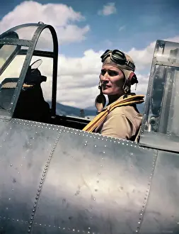 Cockpit Prints: Pilot Joe Foss Sitting in Cockpit