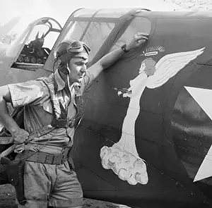 Halo Prints: Pilot Stands by Plane with Decal of Angel